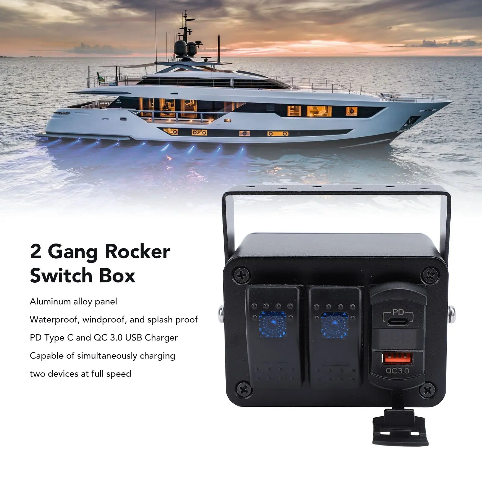 2 Gang Toggle Switch Box with Voltage Meter PD Type C QC3.0 USB Port Waterproof DC 12 to 24V for Car Truck Boat RV Trailer UTV