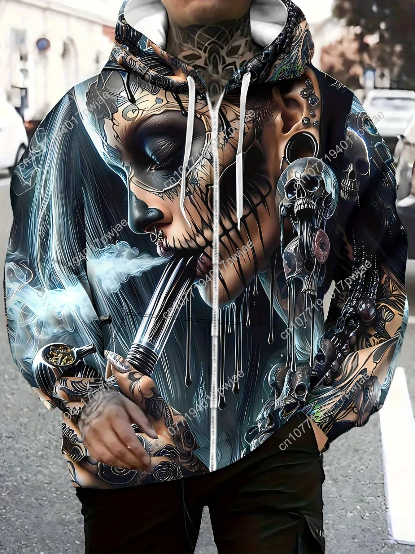 Мужская кепка на молнии с длинными рукавами, спортивная одежда, стильная толстовка с капюшоном для городских нарядов, уникальный дизайн татуировки, мягкая полиэфирная ткань, легкий вес