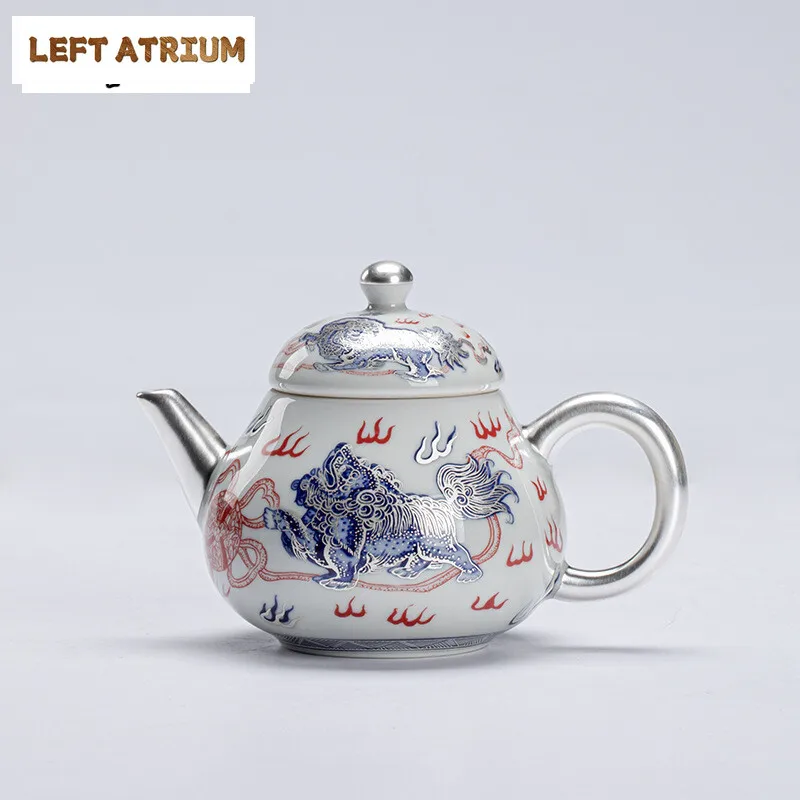 

150ml Handamde 999 Sterling Silver Gilded Teapot Elegant Lion Awakening Pot Tea Brewing Kettle with Filter Tea Ceremony Gifts