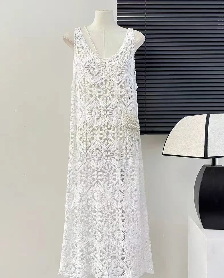 Crochet Maxi Dress for Women Sheer Cover Up Sleeveless Openwork Lace Cami Dress Summer Boho Chic Beach Outfit