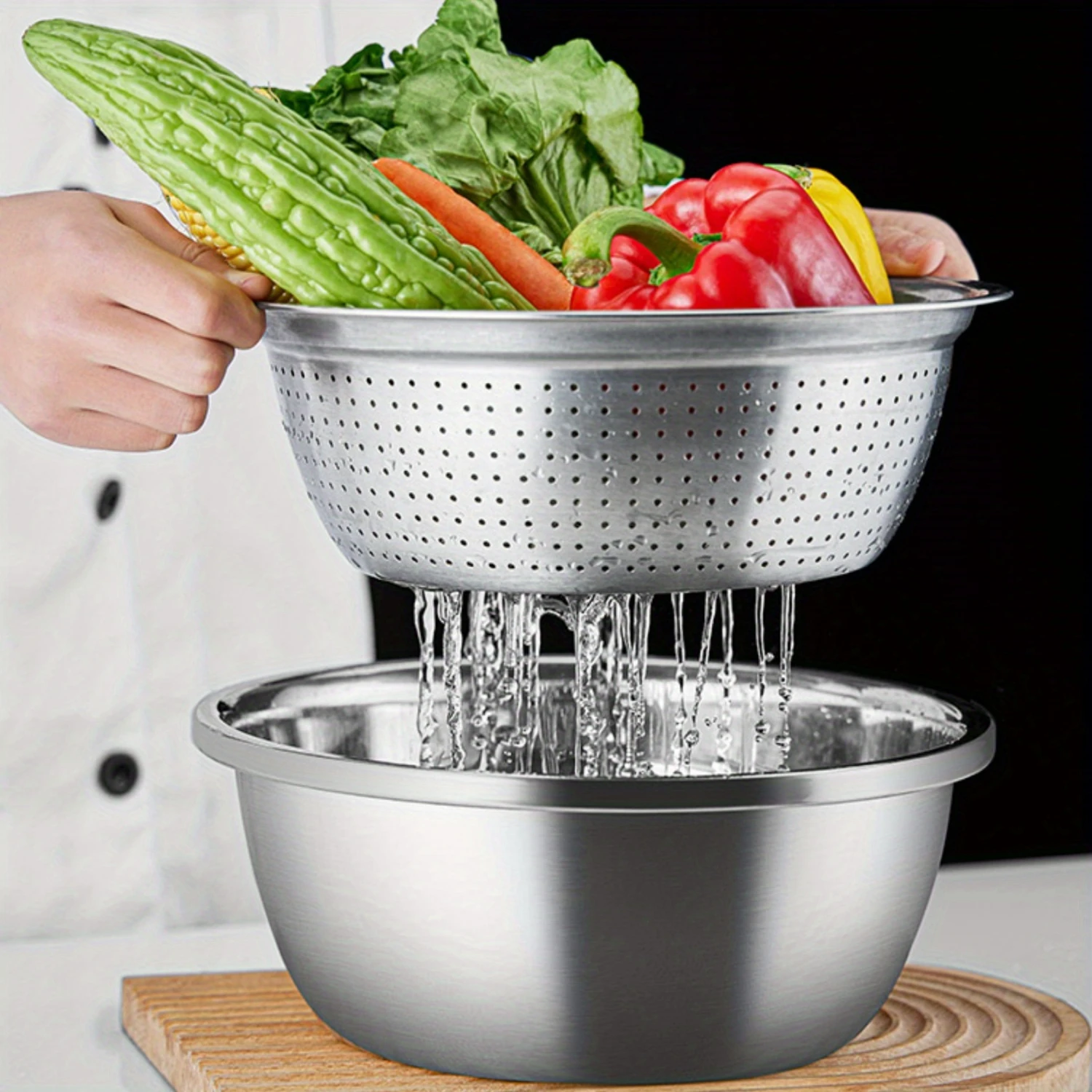 Stainless Steel Kitchen Set  Durable Round Draining Basin For Vegetables, Rice & Fruit Washing - Essential Cooking Tools The Ult