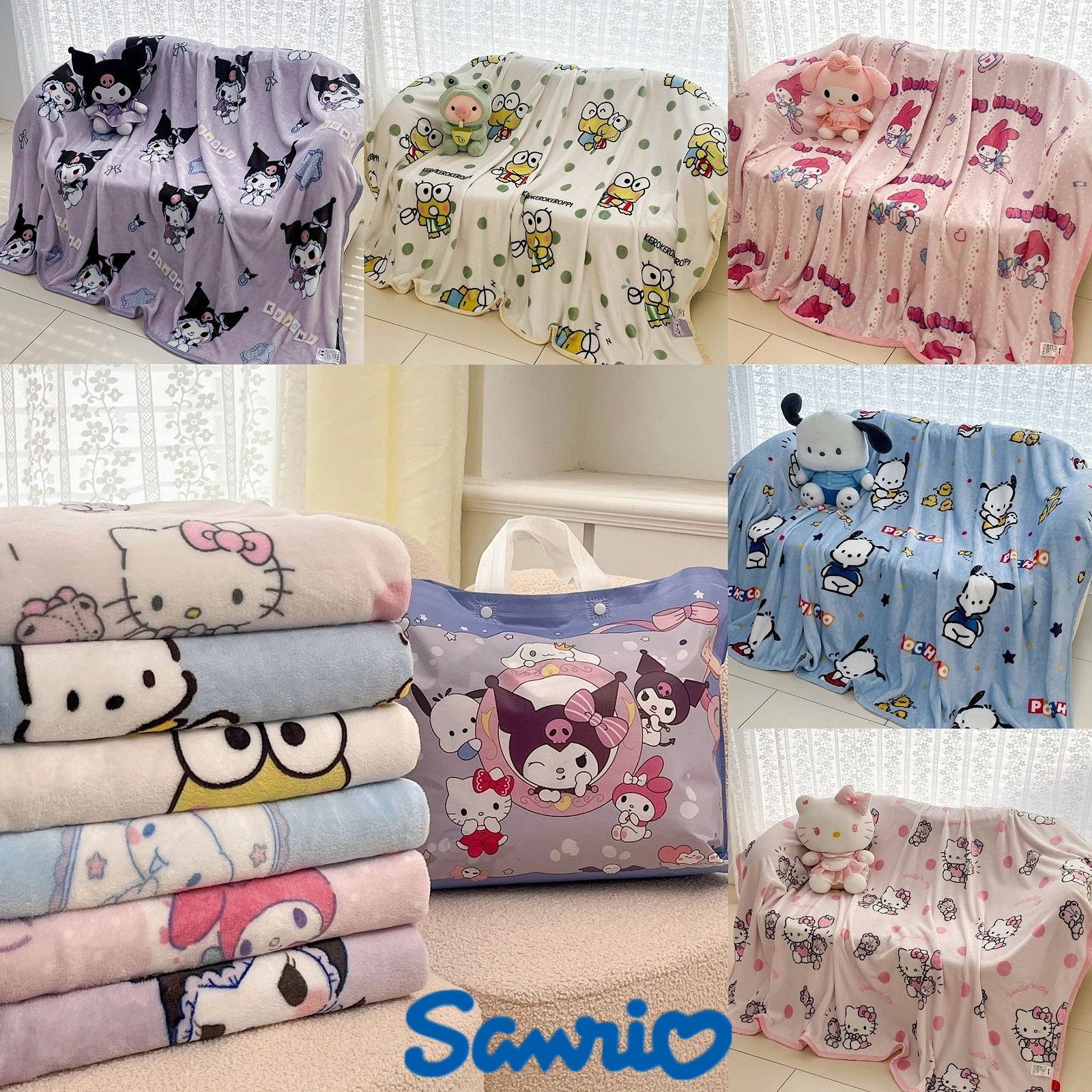 

Sanrio Hello Kitty Kuromi Melody Cartoon Double-Sided Sofa Wagon Car Air Conditioning Blanket Office Nap Blanket Cover Blanket