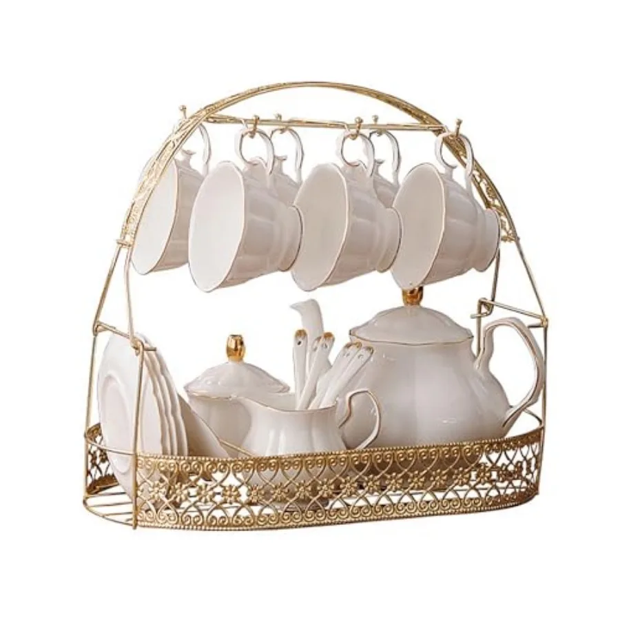 

fanquare 15 Pieces Simple English Ceramic Tea SetsTea Pot Bone China Cups Without Metal Holder Matching Spoons Afternoon Tea Se