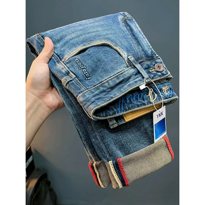 

New High-End Embroidered Jeans For Men Simple And Versatile Loose Washable Wear-Resistant Slim Fit Casual Pants With Small Feet