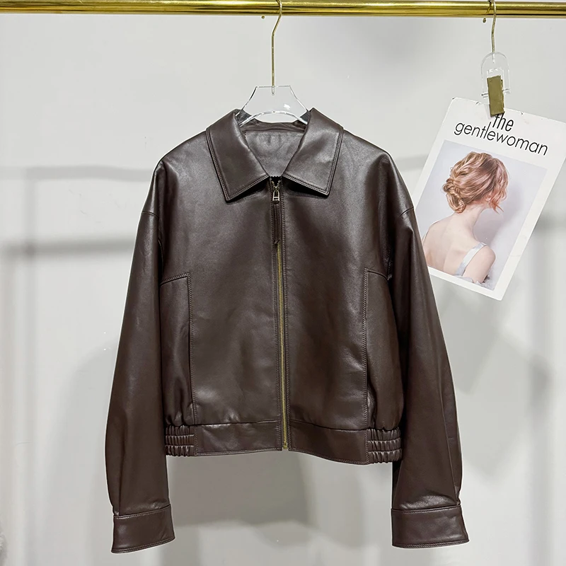 Natural Sheepskin Coat Spring Autumn Women Casual Simple Brown Versatile Lapel Zipper Loose Short Genuine Leather Jacket Casacos