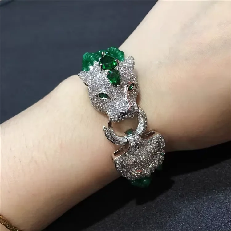 Handmade leopard head zircon clasp green agate 10-rows bracele