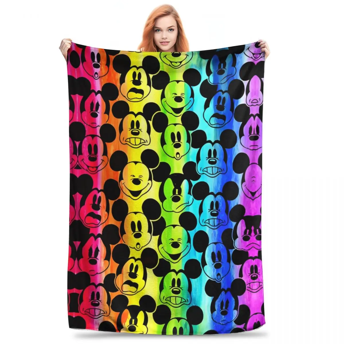 

Suprise Gifts Rainbow Mickey Head Face Stuff Throw Blanket Anime Flannel Blankets and Throws