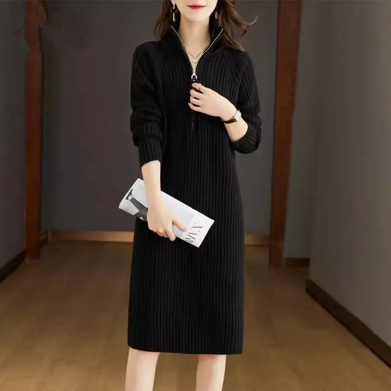 Autumn Winter New Turtleneck Long Sleeve Knitted Dress Women High Street Zipper Patchwork Dresses Elegant All-match Vestidos