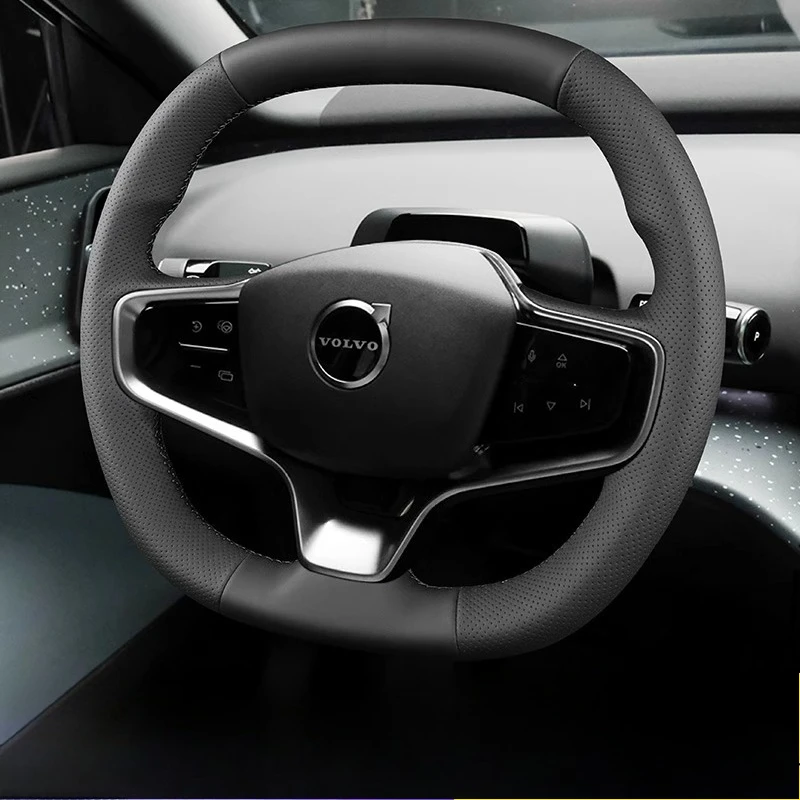 

Для VOLVO EX30 2023-2025 Сшитый вручную износостойкий нескользящий черный чехол на руль автомобиля из натуральной кожи