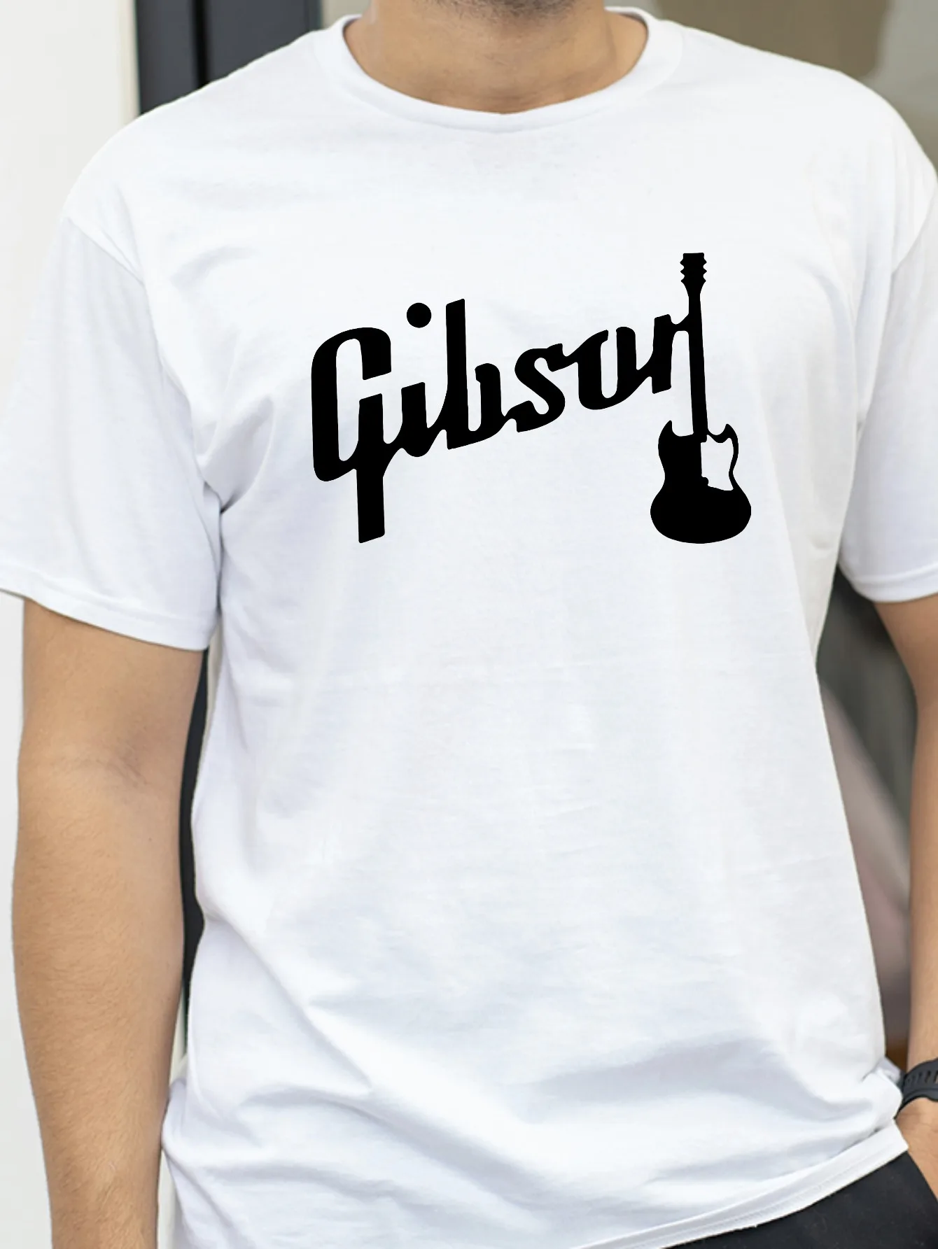Men's Summer Cotton Fashionable Casual Loose Large Gibson Guitar Printed Sports Round Neck Short Sleeve T-shirt Top