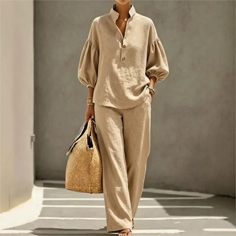 2026 Autumn Linen Two Piece Sets Women V-Neck Button Up Shirt + Wide Leg Pants Set Casual Summer Beach Vacation Outfits Loose