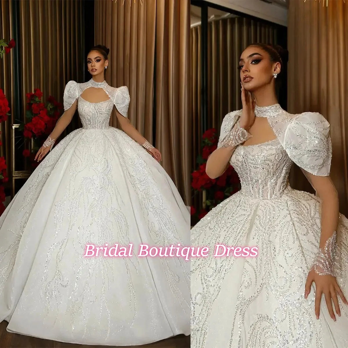 

Gorgeous Ball Gown Wedding Dresses High Collar Sequined Rushed Floor-Length Bridal Gowns Vestido de novia Custom Made