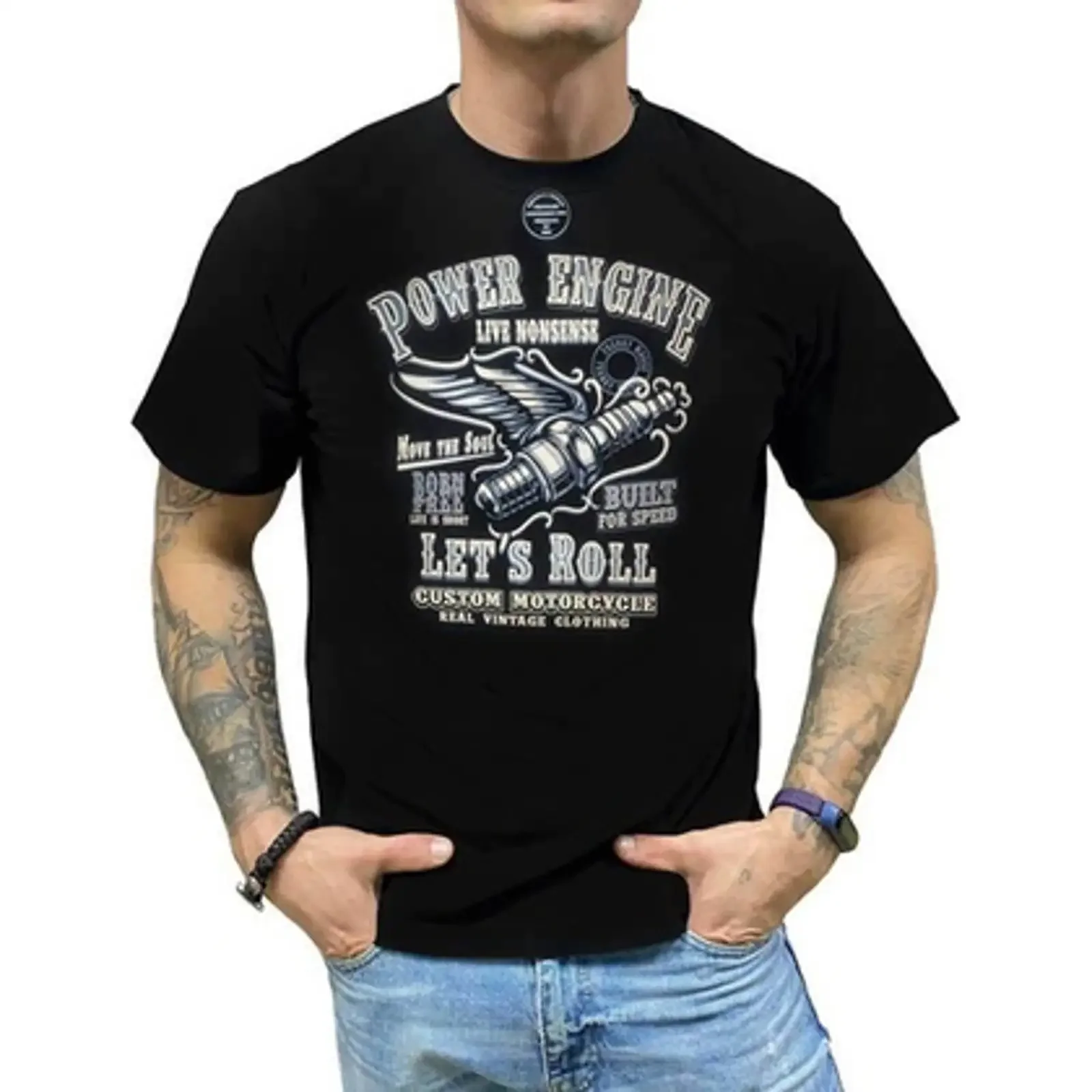 Футболка Franky Mouse Power engine Lets Roll Свеча с крыльями S черный vintage Washed streetwear Breathable Unisex Stylish