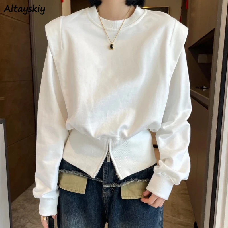 

Women Hoodies Trendy Korean Style Leisure All-match Simple Streetwear Solid Loose Patchwork Soft Long Sleeve Zipper Chic O-neck