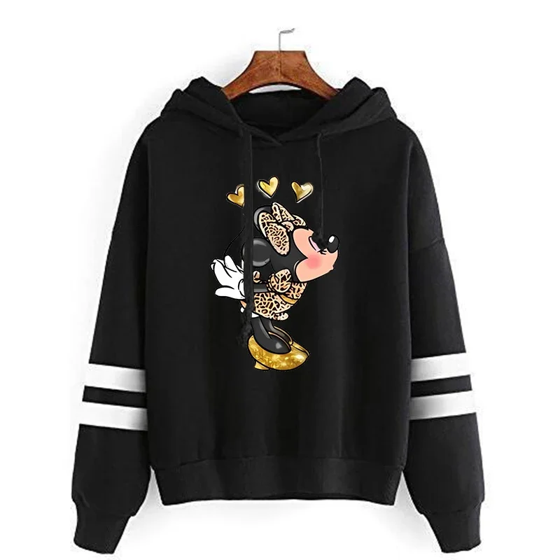 Disney Minnie Mouse Women Hooded Sweatshirt Patchwork Drawstring Hoodies Fashion Cute Printed Pullover Autumn Long Sleeve Shirt