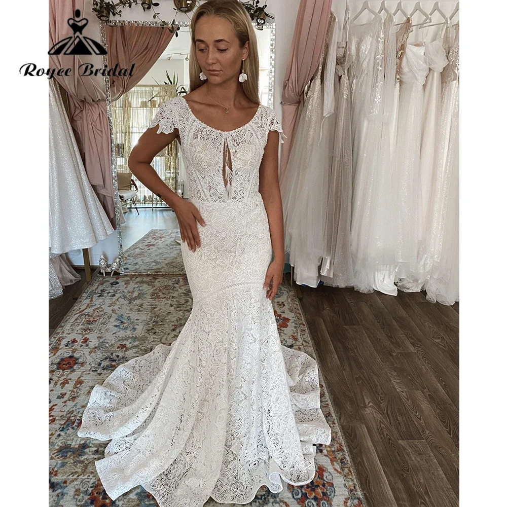 Boho Lace Mermaid Wedding Dress Sexy Scoop Neck Short Sleeve Open Back Unique Bohemian Bridal Gowns robe de mariee