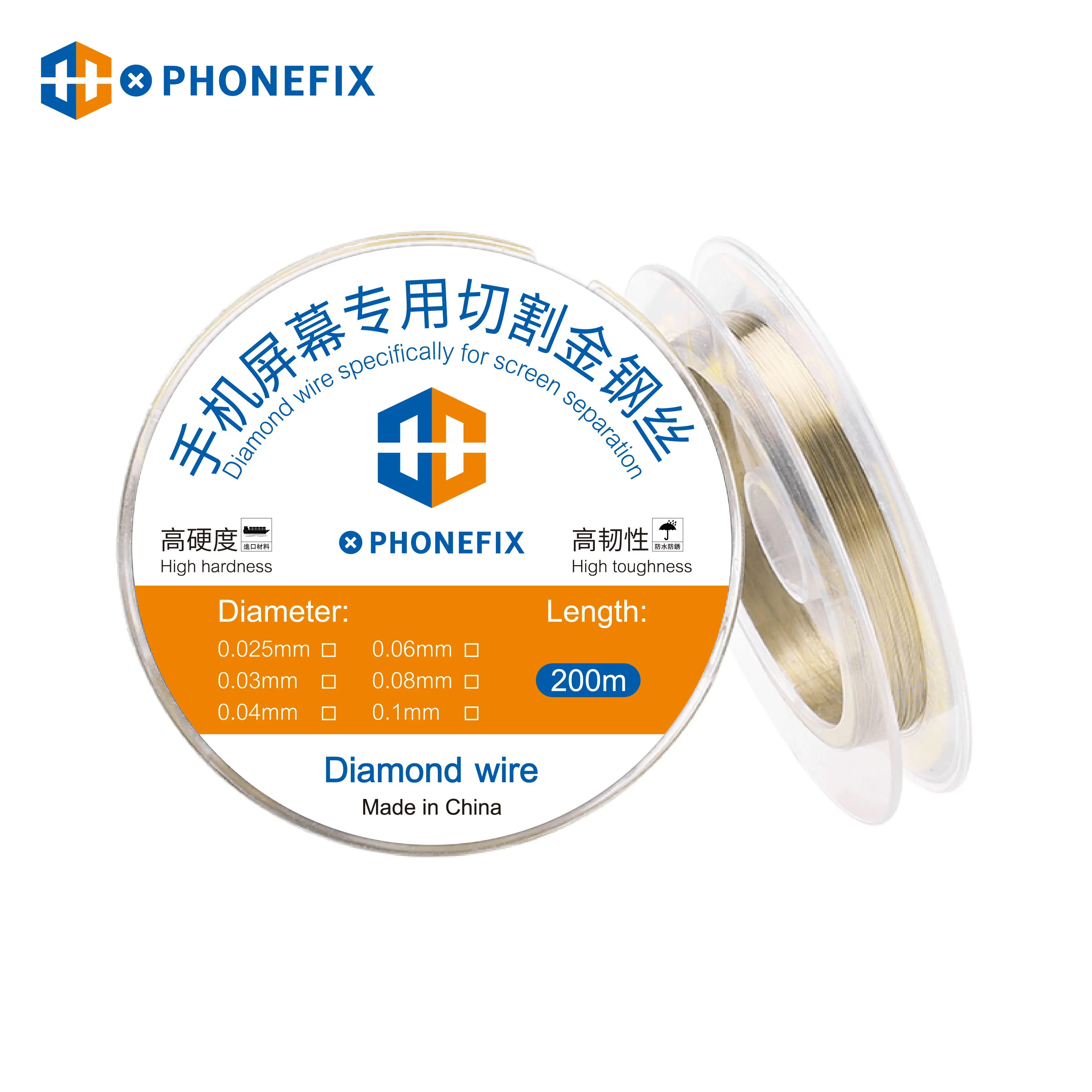 PHONEFIX Special Diamond Wire Alloy Gold Molybdenum Wire 200M Length 0.025-0.1mm Width Cutting Line LCD OLED Screen Separator