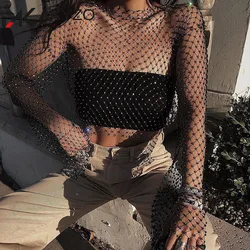 Mesh See Through T Shirt Shiny Rhinestone Fishnet Hollow Out Y2K Women Sexy Crop Top  Camisas Beach Cover Up Party Tank Tops