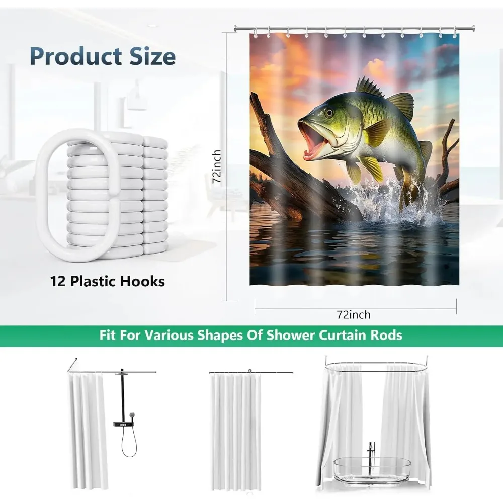 Large Mouth Bass Fish Shower Curtain, Fishing Lake Scene at Sunset Design, Waterproof Washable Fabric Bathroom Decor