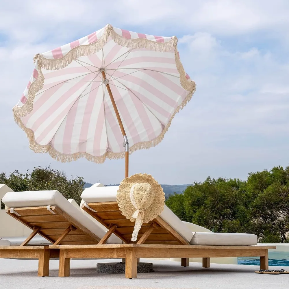 Parasol Met Franje, 50 + Opvouwbare Patio Boho Kwastje Parasols Met Draagtas, Premium Houten Paal, 6,5ft Parasol