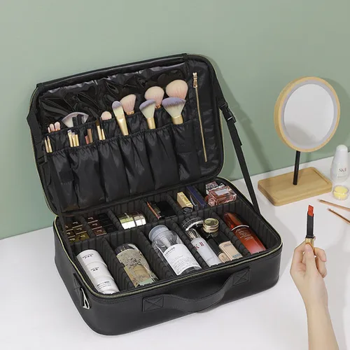 Imagen 2 del producto Bolsa de cosméticos profesional para mujer, estuche de maquillaje de viaje de cuero, herramienta de belleza de gran capacidad, brocha de maquillaje, caja de maquillaje para artista