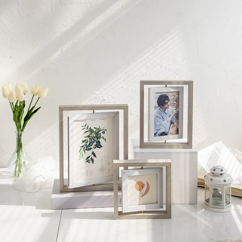6/7/8/10 Inches Double-sided Rotate Photo Frame Solid Wood Photo Frame Creative Bedroom Decorations Photo Display Stand