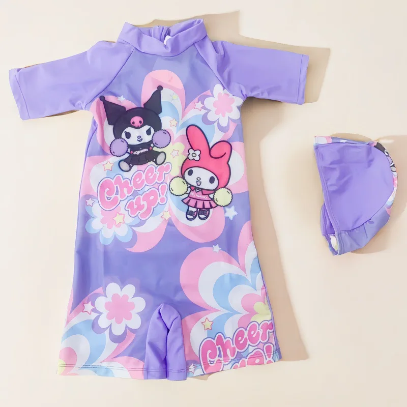 Kawaii Anime Cinnamoroll Swimwear Swim Cap Cartoon Kuromi Kids Beach Bikini Summer Girls Swimsuit Underwear Sunscreen Quick Dry