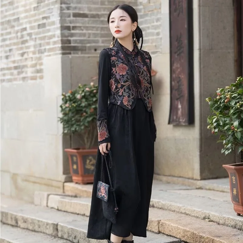 فستان جاكار ساتان صيني عتيق مرقع فستان مطرز على شكل فراشة وطنية بدون أكمام فستان شرقي على شكل حرف a فستان هانفو