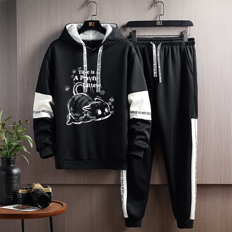 

Мужской осенне-зимний комплект из двух предметов: худи и свитшот свободного кроя с длинными рукавами, спортивная повседневная одежда в корейском и гонконгском стиле