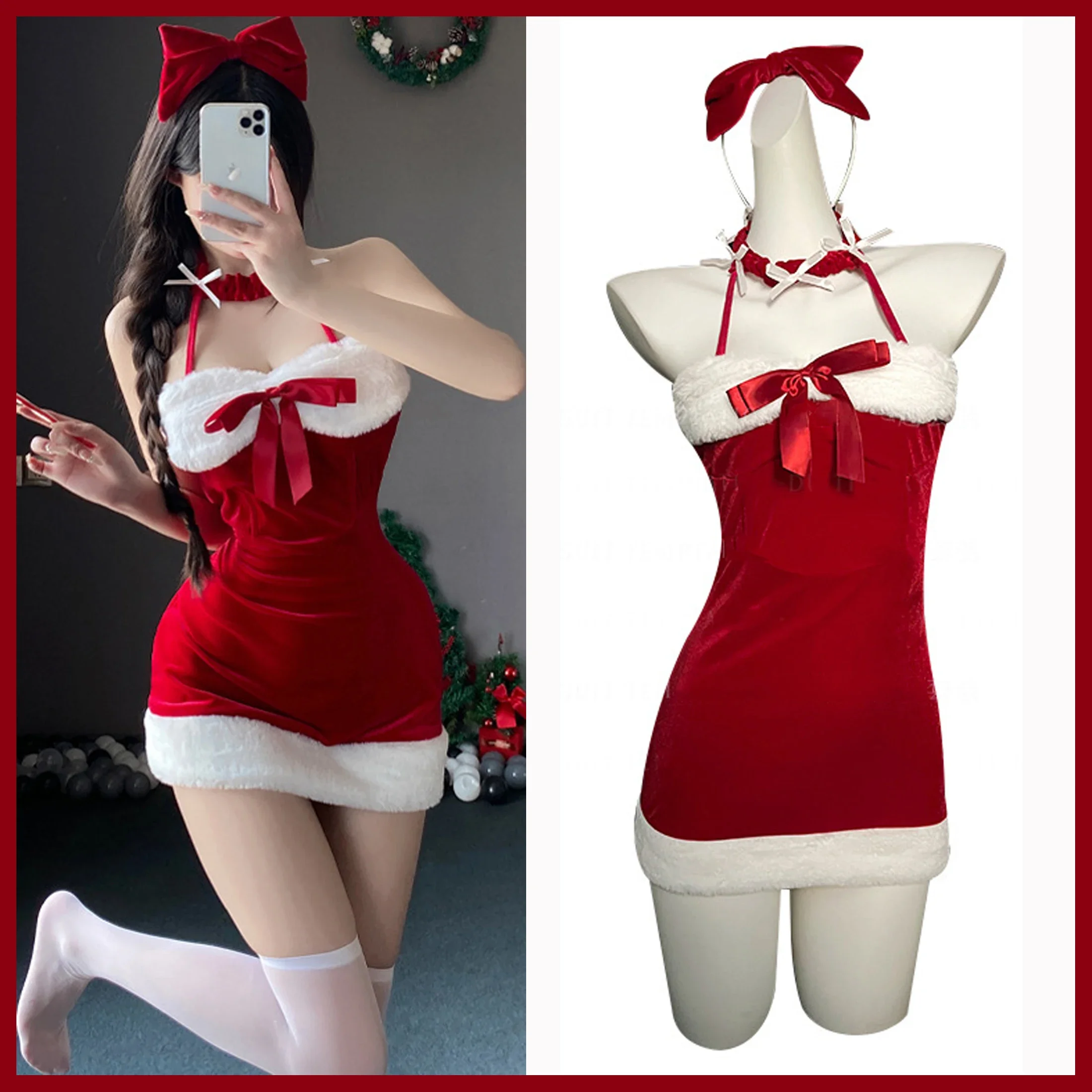 

Costume de cosplay de Noël sexy Bunny, robe en velours rouge, robes scintillantes, batterie con, performance de fête, phot