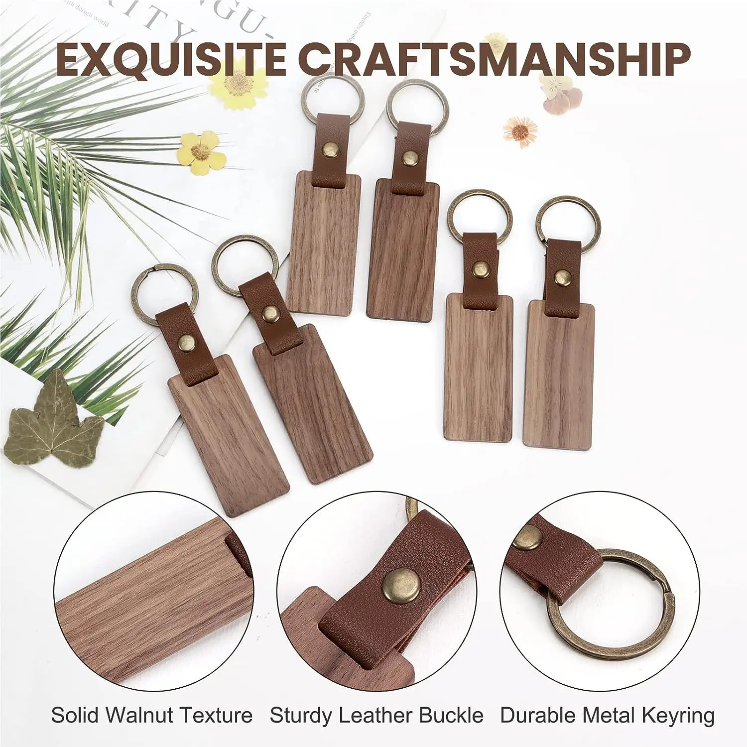 10 PCS Leather Wood Keychain Blank Wooden Keychain Blanks with Leather Strap Unfinished Wooden Keychains for Laser Engraving