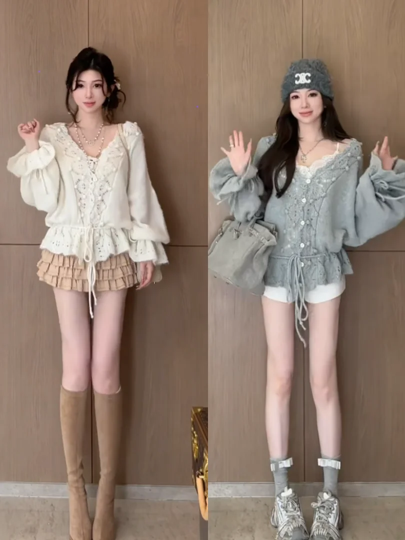 Women's V-Ne Long Sve Knitted Sweater with Dstring Hollow out Design Early Autumn Faion Small ence Top