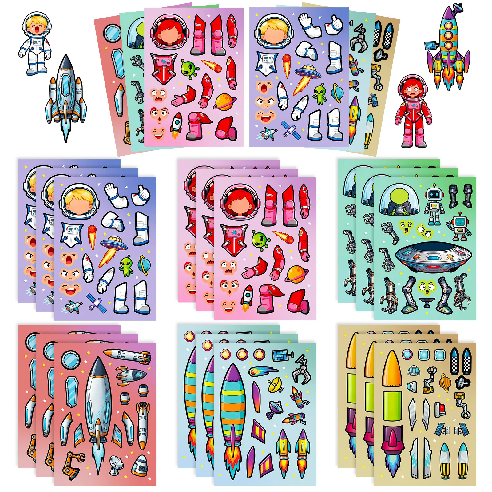 

6 Sheets/Pack Fun Space Assembly Puzzle Face-changing Stickers Rocket Alien Pattern Handmade Creative Stickers
