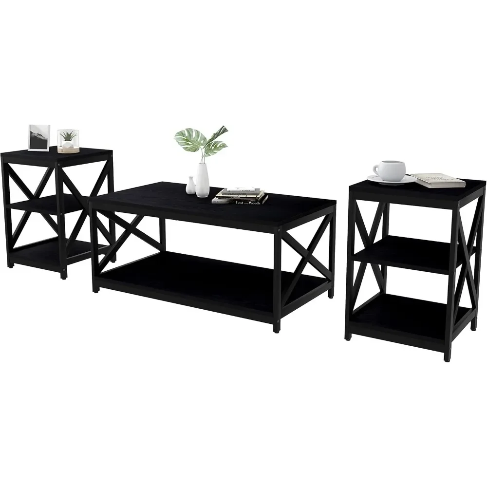 Living Room Coffee Table Set of 3, Industrial X-Design Coffee Table and 2 End Side Tables, 3 Piece Living Room Table Set