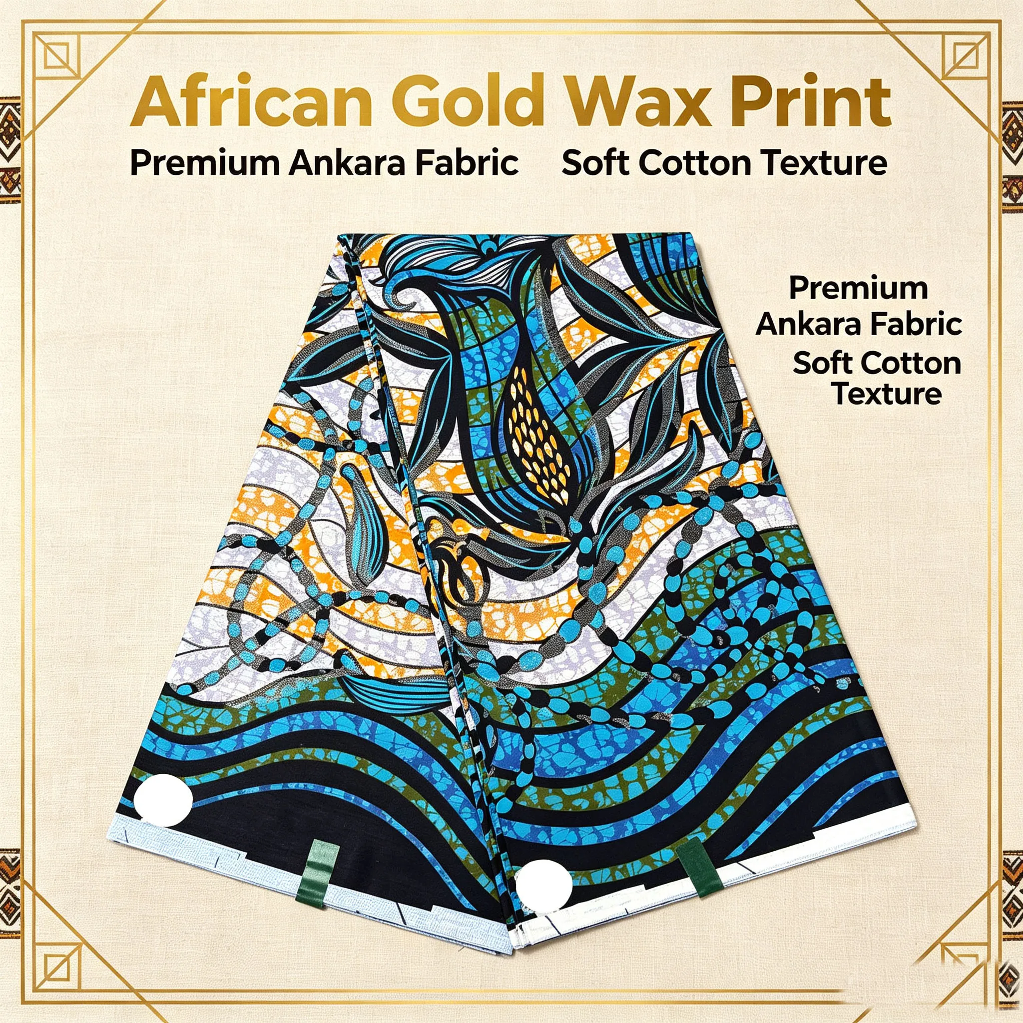 High Quality African Ankara Wax Pagne Print Fabric Blue Corn Pattern Gold Glitter Ghana Nigeria Style Cloth For Women Dress