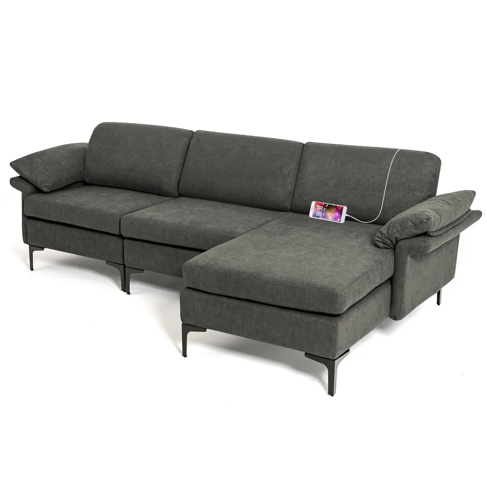 Costway Modern Modular L-shaped Sectional Sofa w/ Reversible Chaise & 2 USB Ports Grey