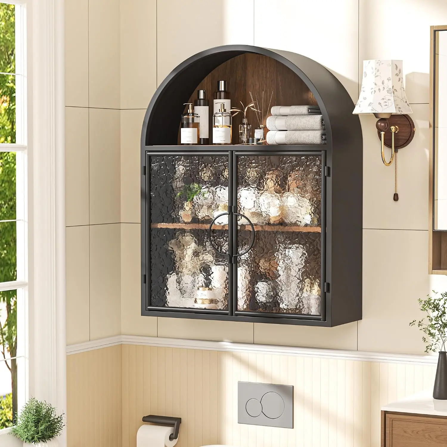 Arched Wall Cabinet Textured Glass Door No Assembly Black, Customized