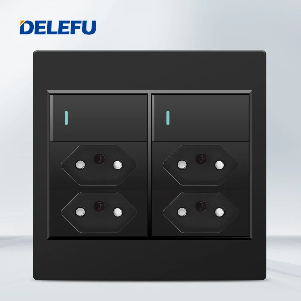 DELEFU 4x4 Fireproof PC Panel Brazil Standard Outlet Double USB Type C Wall Power Socket Light Switch Office Black 10A 20A images - 6