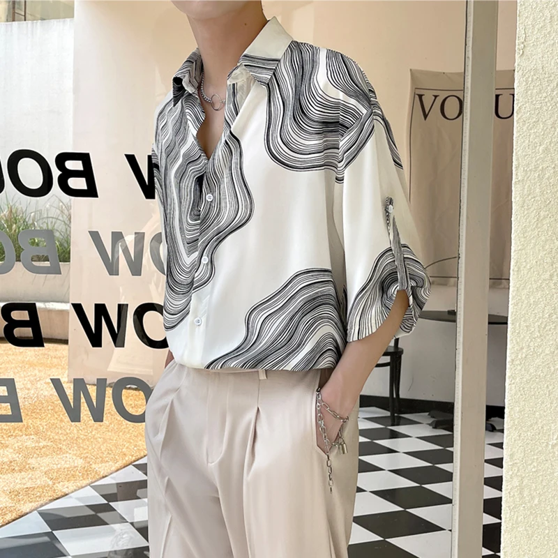 

2023 Summer Men's Printed Cool Short Sleeved Shirts Blouse Tops Oversize Loose Casual Quick Dry Silk Shirts Male Clothing Y07