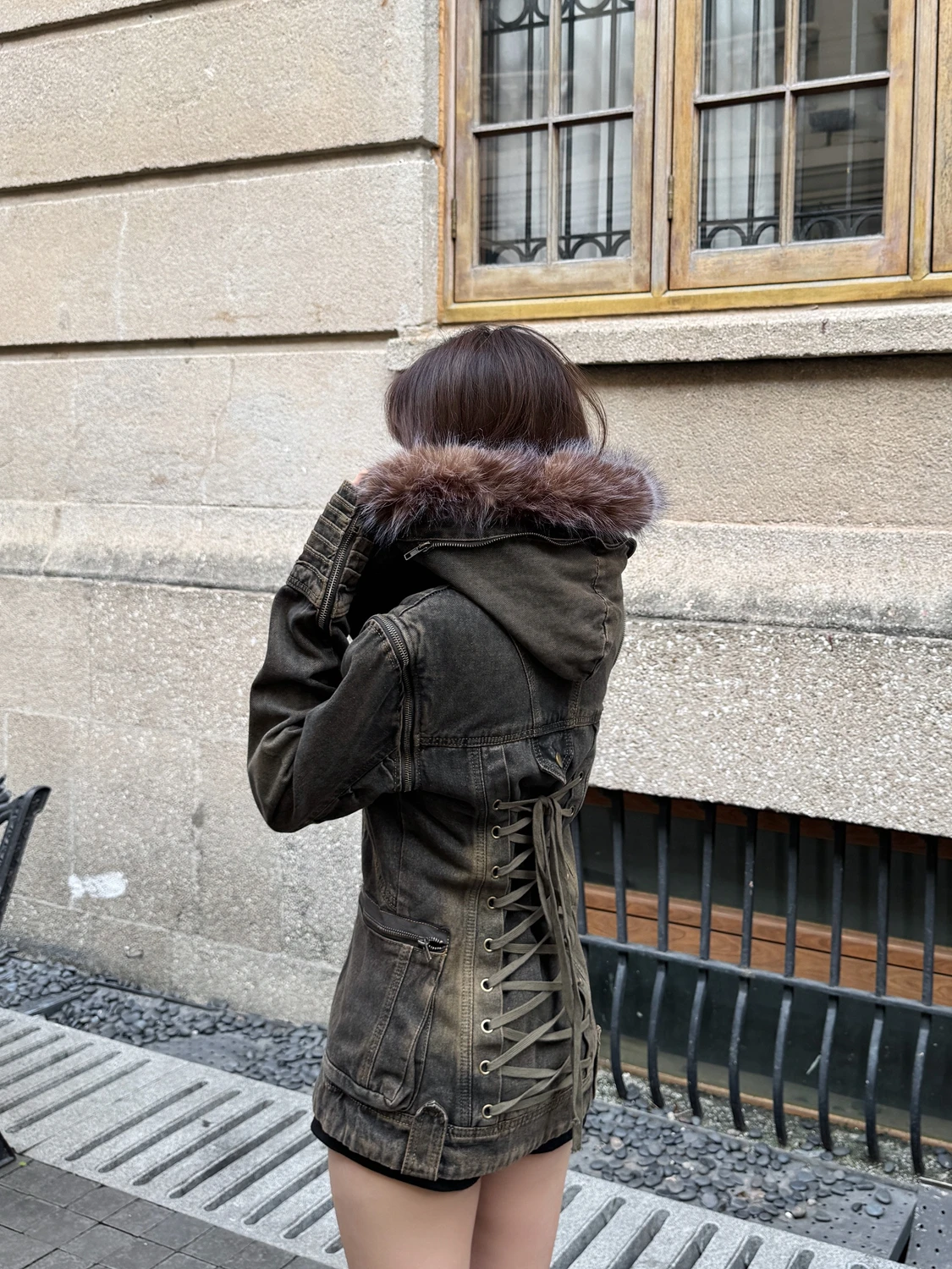 

Retro Detachable Sve Ribbon Waist Cinching Fur Collar Hooded Jaet Women's Autumn Winter New Sle Denim Jaet Bodpeople
