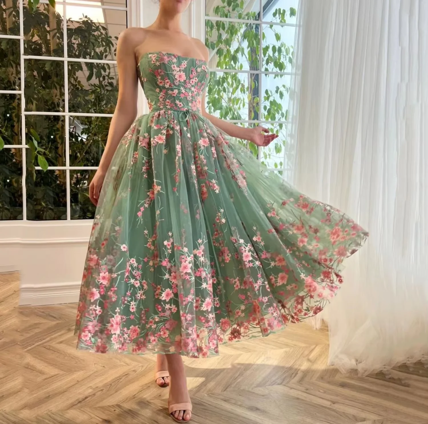 

Sweetheart Women's Evening Dress 2025 Customized Green Printed Lace Graduation Prom Dress Strapless A-line vestidos de fiesta