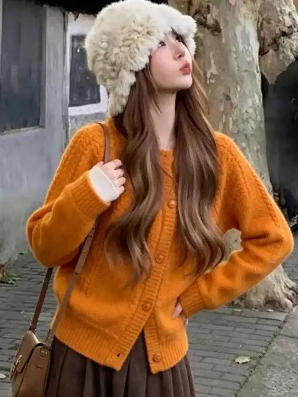 Korean Style Pumpkin Orange Knitted Sweater Coat Women's Autumn Winter Lazy Twist Flower Design Knitwear round Neck Cardigan