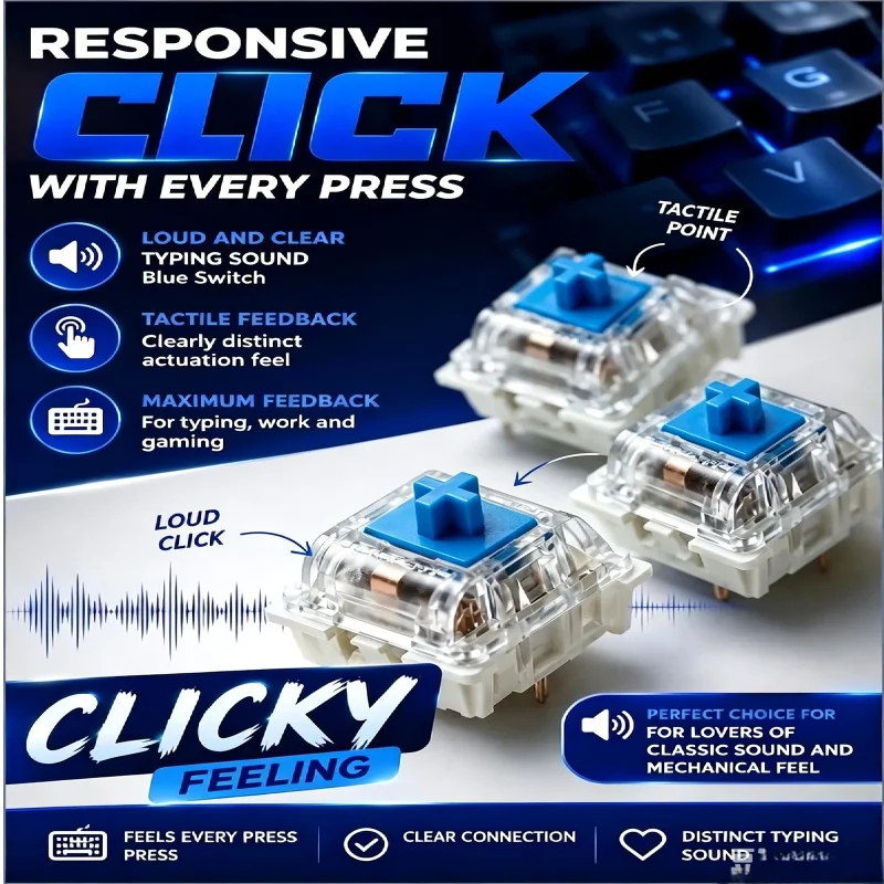 20 Pcs Blue Keyboard Switches, 3-Pin Clicky Tactile Mechanical Keyboard Switches, Complete DIY Replacement Kit with Switch Pulle