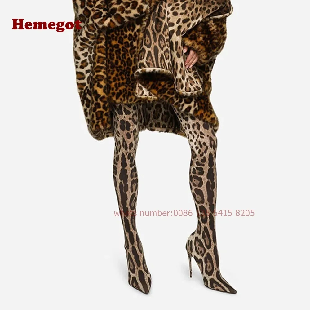 Botas elásticas de leopardo con punta puntiaguda para mujer, calcetín alto hasta el muslo, tacones de aguja, zapatos informales de fiesta de pasarela, invierno 2024