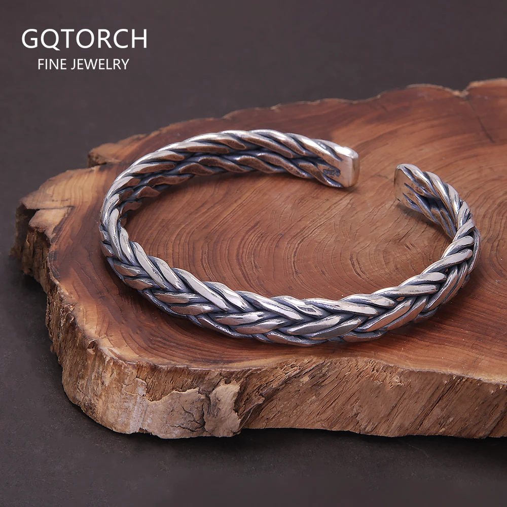 

925 Sterling Silver Retro Twist Woven Cuff Bracelet for Men Women Antiqued Thai Silver Punk Open Bangle Handmade Jewelry