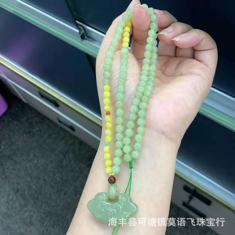 Natural Hetian Jade Peace Lock Pendant Necklace Paired With South Red Amber, Delicate And Smooth