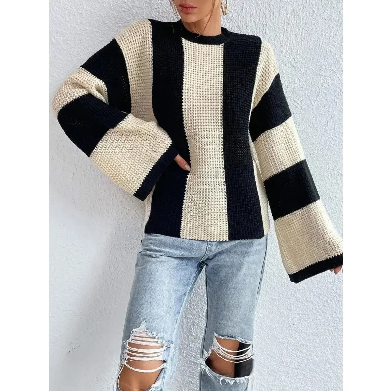 Women's Casual Knitted Sweater Top Temperament Commuting New Autumn & Winter Woman Fashion Round Neck Striped Knit Pullovers