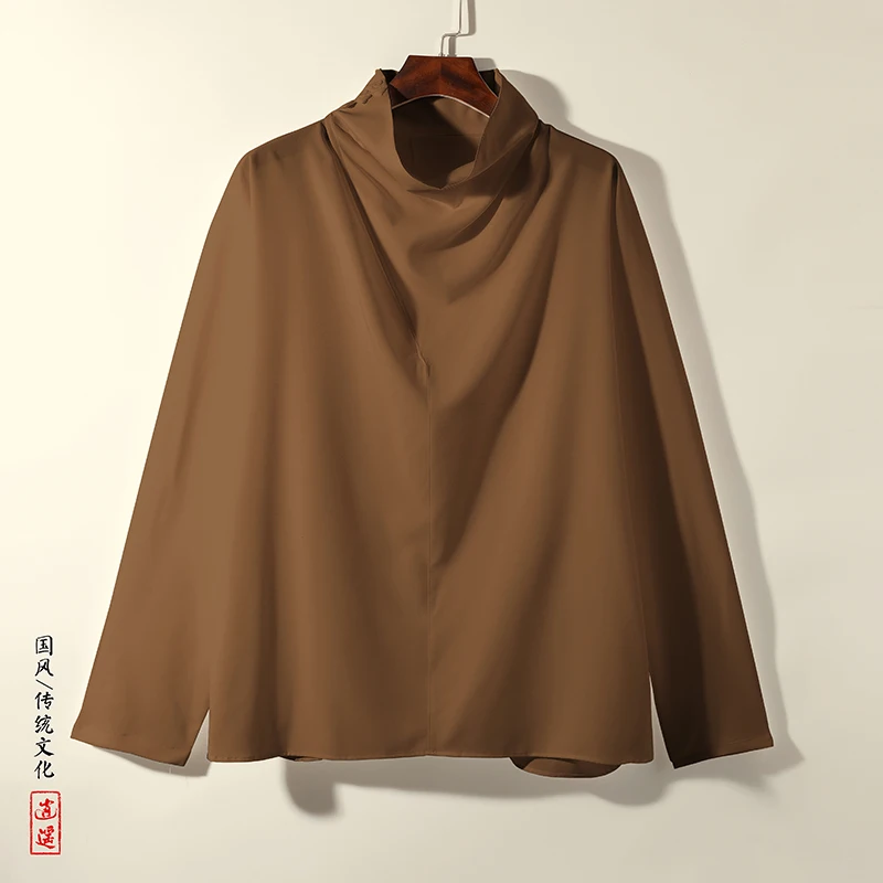 2023 New Men Chinese Style T Shirts Men Oversized Solid Color Chinese Tang Suit Tops Male Traditional Long Sleeve  Hanfu