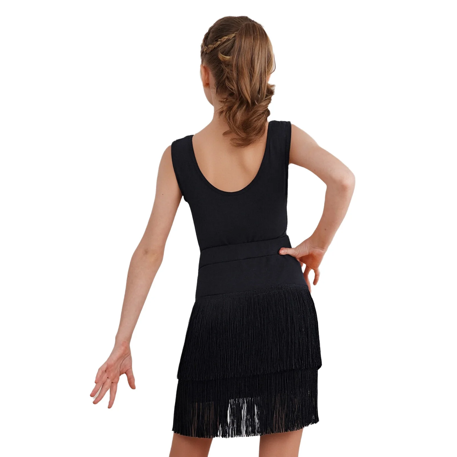 Kids Girls Latin Dance Dresses Sleeveless Sheer Mesh Patchwork Press Buttons Crotch Leotard+Tassel Skirt Samba Tango Dancewear