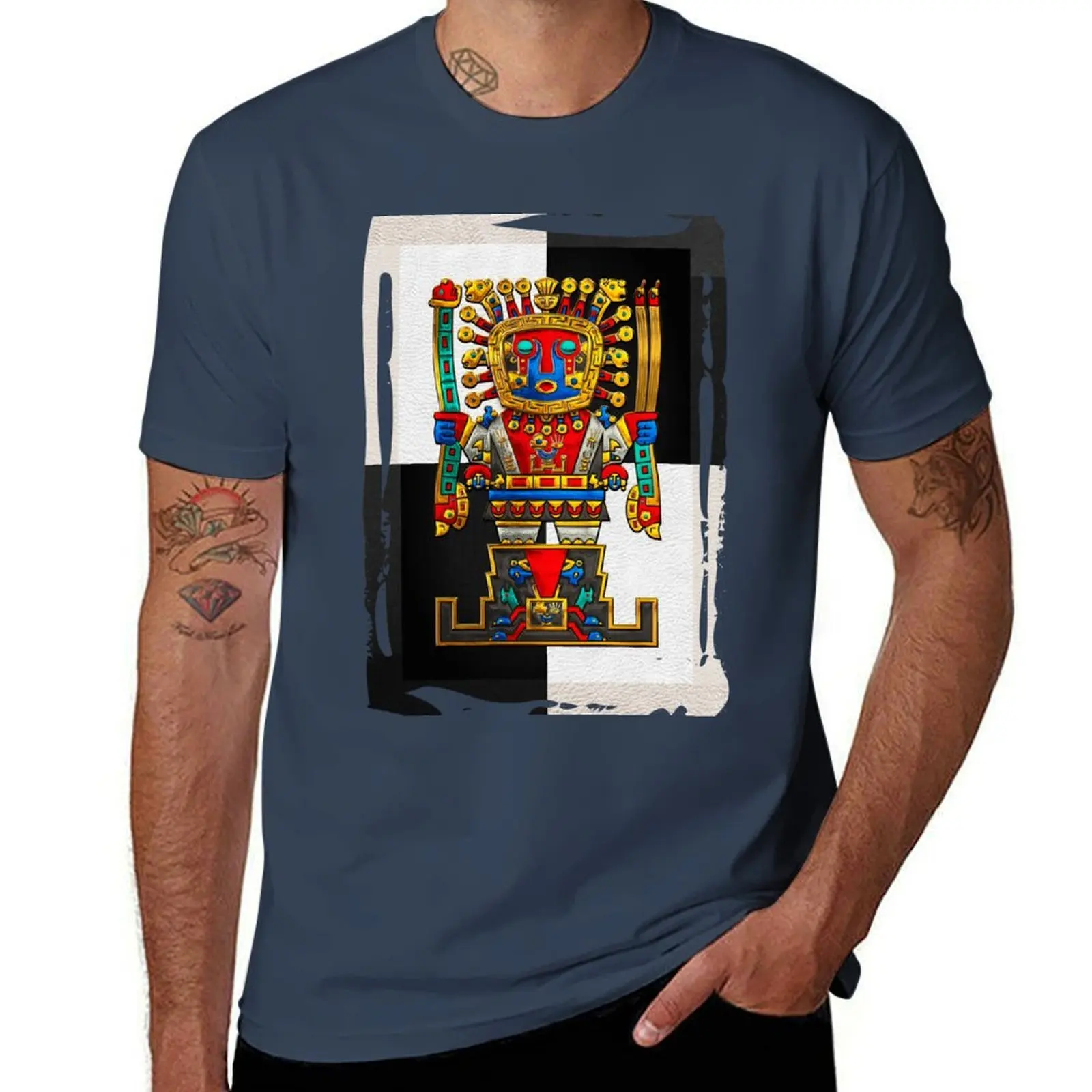

Incan Gods - The Great Creator Viracocha on Black and White T-Shirt Daily Wear Plain Short Sleeve Shirt